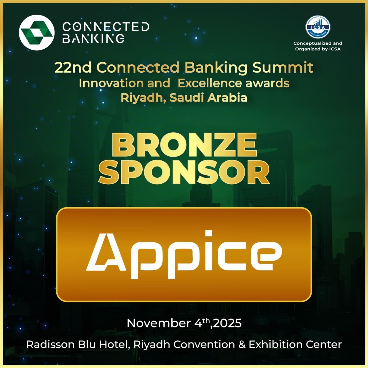 Appice announced as Bronze Sponsor of the 22nd Connected Banking Summit Innovation and Excellence Awards, Riyadh, 4 November 2025